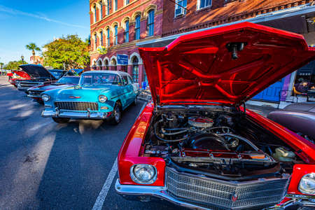 Fernandina Beach, FL - October 18, 2014: Wide angle view of vintage street rods at a classic car show in Fernandina Beach, Florida.のeditorial素材