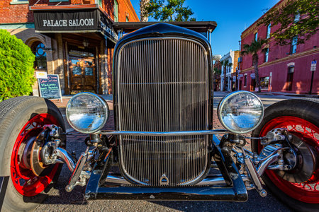 Fernandina Beach, FL - October 18, 2014: Wide angle low perspective front corner view of a 1929 Ford...