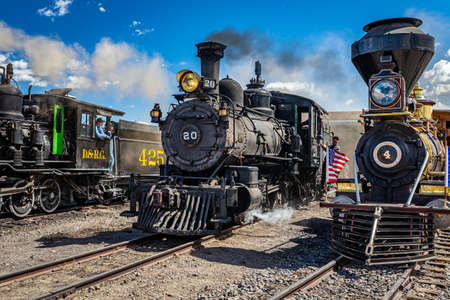Antonito, CO - August 23, 2021: Coal burning Schenectady Works  steam locomotive Rio Grande Southern 20 during a public steam up in the Cumbres and Toltec Railroad yard at Antonito, Colorado.のeditorial素材