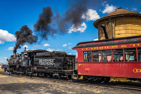 Antonito, CO - August 23, 2021: Coal burning Schenectady Works  steam locomotive Rio Grande Southern 20 during a public steam up in the Cumbres and Toltec Railroad yard at Antonito, Colorado.のeditorial素材