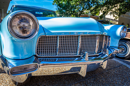Fernandina Beach, FL - October 18, 2014: Wide angle low perspective front corner view of a 1957 Lincoln Continental Mark II hardtop sedan at a classic car show in Fernandina Beach, Florida.のeditorial素材