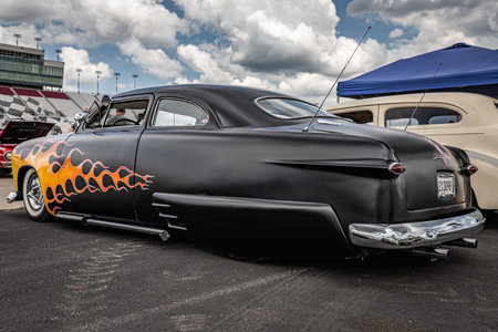 Lebanon, TN - May 14, 2022: Low perspective rear corner view of a 1950 Ford Deluxe Business Coupe at...