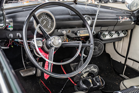 Lebanon, TN - May 14, 2022: Close up interior view of a 1950 Ford Deluxe Business Coupe at a local...
