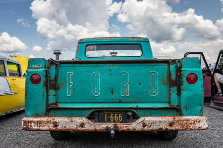 Lebanon, TN - May 14, 2022: Low perspective rear view of a 1960 Ford F100 Pickup Truck at a local car show.のeditorial素材