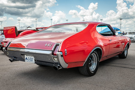Lebanon, TN - May 14, 2022: Low perspective rear corner view of a 1969 Oldsmobile 442 Holiday Coupe...