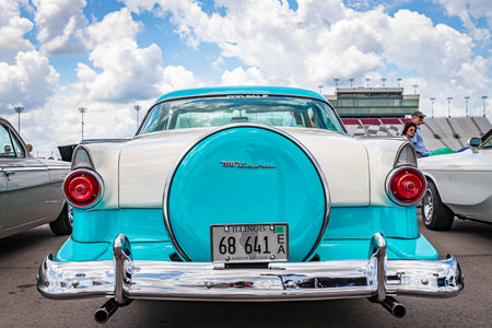 Lebanon,TN - May 14, 2022: Low perspective rear view of a 1955 Ford Fairlane Crown Victoria Skyliner Hardtop Sedan at a local car show.のeditorial素材