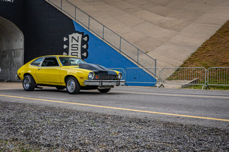 Lebanon, TN - May 14, 2022: Wide angle front corner view of a customized 1978 Ford Pinto Hatchback...