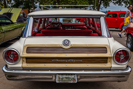 Des Moines, IA - July 02, 2022: High perspective rear view of a 1963 Ford Country Squire Station Wagon at a local car show.のeditorial素材