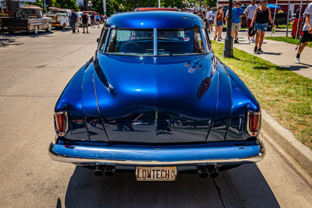 Des Moines, IA - July 02, 2022: High perspective rear view of a 1950 Studebaker Champion Starlight...