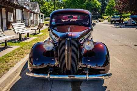 Des Moines, IA - July 03, 2022: High perspective front view of a 1937 Dodge Custom 2 Door Sedan at a local car show.のeditorial素材