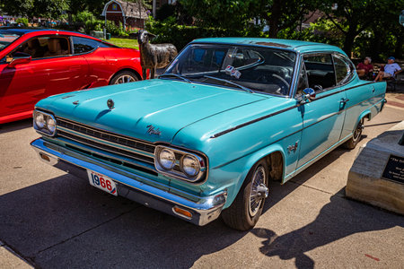 Des Moines, IA - July 03, 2022: High perspective front corner view of a 1966 AMC Rambler Marlin Fastback at a local car show.のeditorial素材