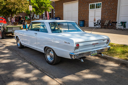 Des Moines, IA - July 03, 2022: High perspective rear corner view of a 1963 Chevrolet Nova SS 2 Door Hardtop at a local car show.のeditorial素材