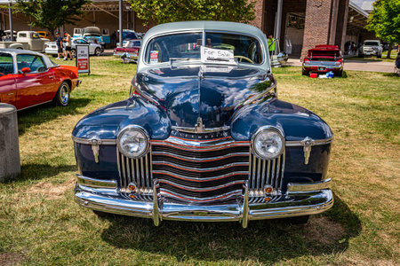 Des Moines, IA - July 03, 2022: High perspective front view of a 1941 Oldsmobile Series 60 Club Coupe at a local car show.のeditorial素材