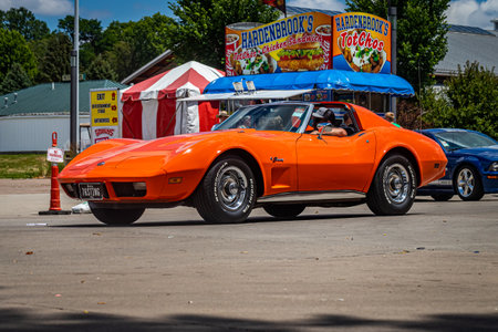 Des Moines, IA - July 03, 2022: Wide angle front corner view of a 1974 Chevrolet Corvette Stingray Coupe at a local car show.のeditorial素材