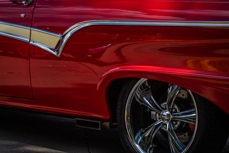 Des Moines, IA - July 03, 2022: Low perspective  detail view of a 1957 Ford Custom Ranchero rear...