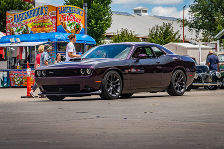 Des Moines, IA - July 03, 2022: Wide angle front corner view of a 2019 Dodge Challenger RT Coupe at a local car show.のeditorial素材