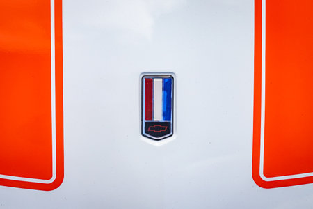 Des Moines, IA - July 03, 2022: Close up detail view of a 1997 Chevrolet Camaro SS hood at a local car show.のeditorial素材