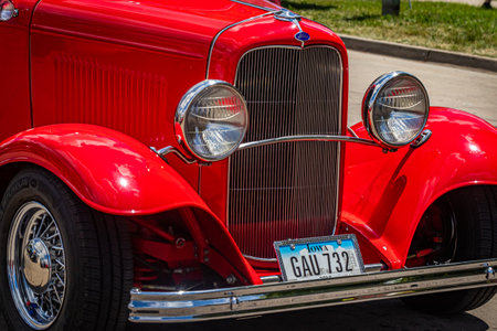 Des Moines, IA - July 03, 2022: Wide angle front view of a 1932 Ford Victoria 2 Door Sedan at a local car show.のeditorial素材