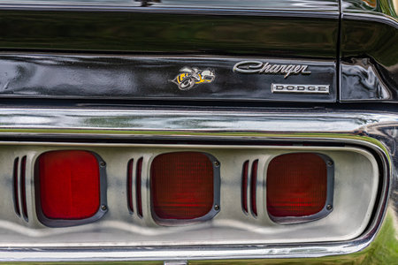 Des Moines, IA - July 03, 2022: Close up detail view of a 1971 Dodge Charger Super Bee taillights at a local car show.のeditorial素材