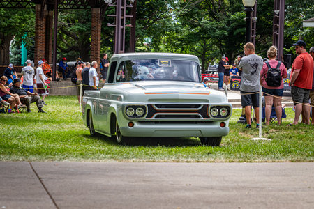 Des Moines, IA - July 03, 2022: Wide angle front view of a 1958 Ford F100 Frigid Pickup Truck at a local car show.のeditorial素材
