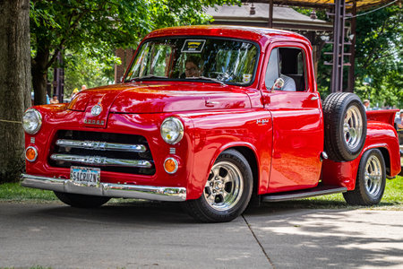 Des Moines, IA - July 03, 2022: Low perspective front corner view of a 1955 Dodge Job Rated Stepside Pickup Truck at a local car show.のeditorial素材