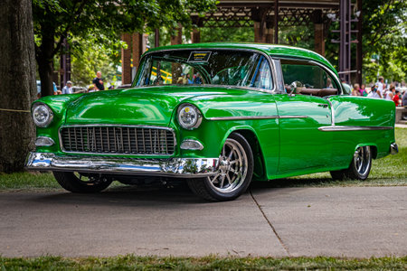 Des Moines, IA - July 03, 2022: Low perspective front corner view of a 1955 Chevrolet BelAir 2 Door Hardtop at a local car show.のeditorial素材