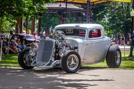 Des Moines, IA - July 03, 2022: Low perspective front corner view of a 1934 Ford 3 Window Coupe Hot Rod at a local car show.のeditorial素材