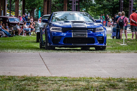 Des Moines, IA - July 03, 2022: Wide angle front view of a 2020 Dodge Charger SRT Hellcat Widebody at a local car show.のeditorial素材
