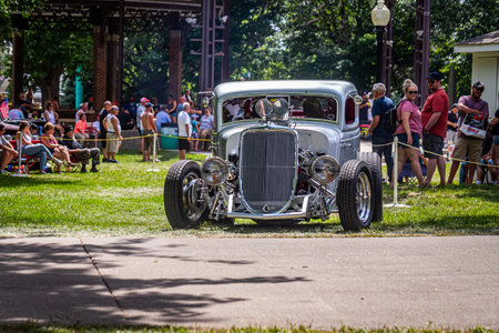 Des Moines, IA - July 03, 2022: Wide angle front view of a 1934 Ford 3 Window Coupe Hot Rod at a local car show.のeditorial素材
