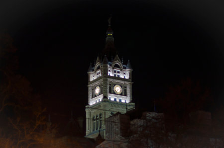 The town hall clock tower at night in downtown salt lake city utah.