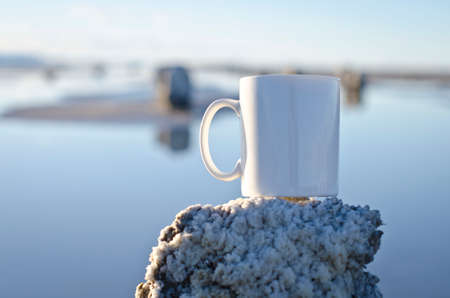 A blank white coffee mug on the salty posts of the old great salt lake pier.の写真素材