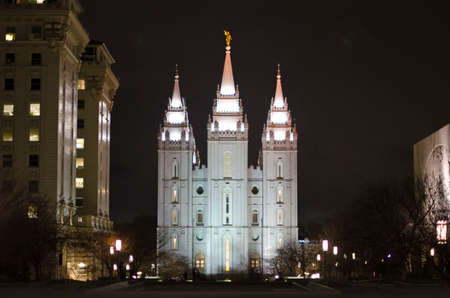 The salt lake city temple square in the night lights of the city.の写真素材