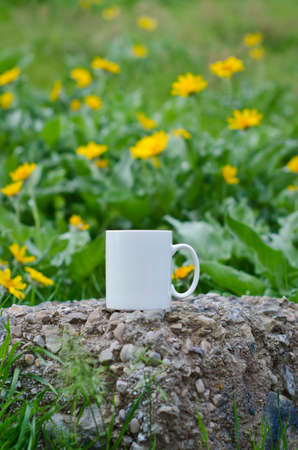 A long view of the blank white coffee mug on the stones of the meadow.の写真素材