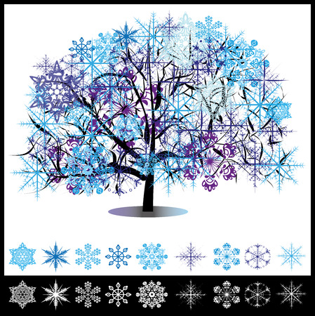 Illustration of the winter tree and snowflakes.のイラスト素材