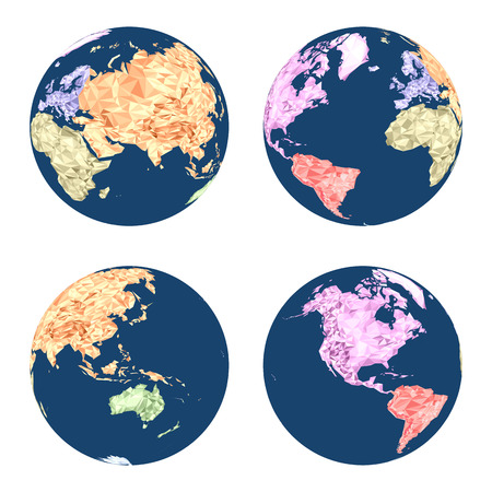 Vector Earth geographic globes in low poly style in different positionsのイラスト素材
