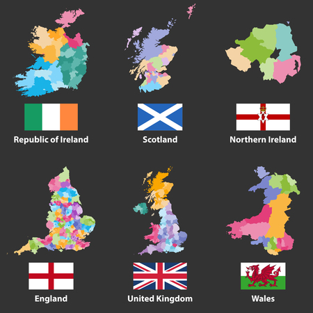 vector maps and flags of Republic of Ireland, Scotland, Northern Ireland, England, United Kingdom and Walesのイラスト素材