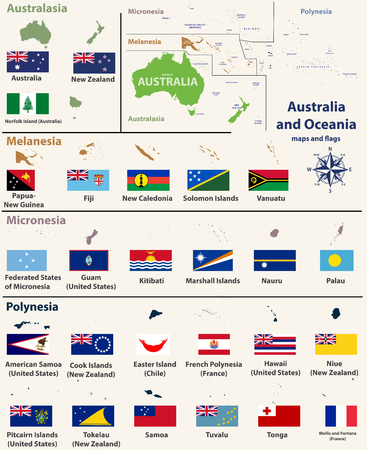 Australia and Oceania (include Australasia, Micronesia, Melanesia and Polynesia) map with isolated country maps and flagsのイラスト素材