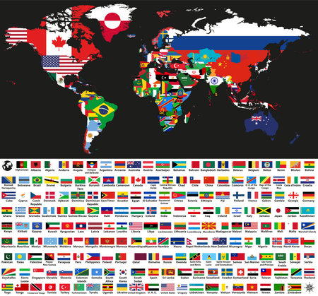 vector abstract world political map mixed with national flags on black background. Collection of all world flags isolated on white background and arranged in alphabetical orderのイラスト素材