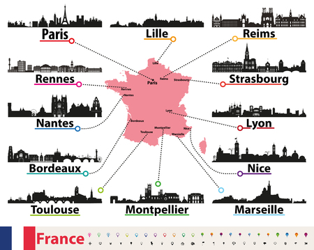 France map with largest cities skylines silhouettes vector setのイラスト素材