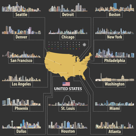 Vector map of United States of America with largest cities' skylinesのイラスト素材