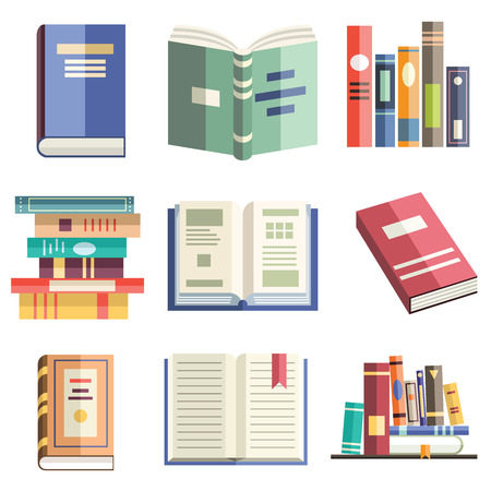 Colorful flat style icons of isolated books in various positions. Learning, studying, education, knowledge, literarure, science and library objects.のイラスト素材