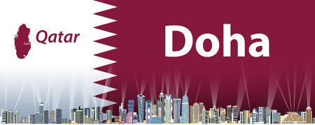 Vector illustration of Doha city skyline with flag and map of Qatar on background