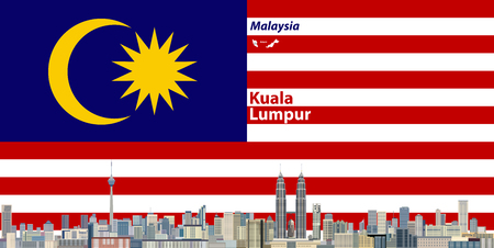 Vector illustration of Kuala Lumpur city skyline with flag of Malaysia on backgroundのイラスト素材