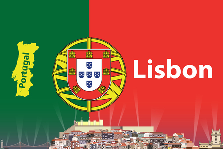 Vector illustration of Lisbon city skyline with flag and map of Portugal on backgroundのイラスト素材