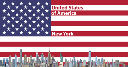 Vector illustration of New York city skyline with flag of United States of America on backgroundのイラスト素材
