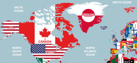 vector part of world map with region of North American and European countries mixed with their...