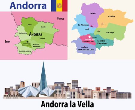 Andorra administrative divisions map. Flag of Andorra. Flat style cityscape of Andorra la Vella.のイラスト素材