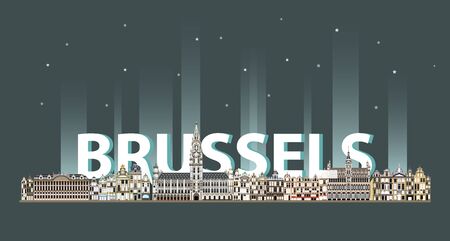 Brussels cityscape at night colorful poster.のイラスト素材