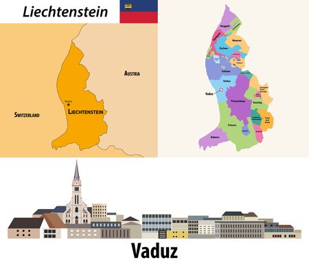 Liechtenstein administrative divisions map. Flat style cityscape of Vaduz. Vector illustrationのイラスト素材