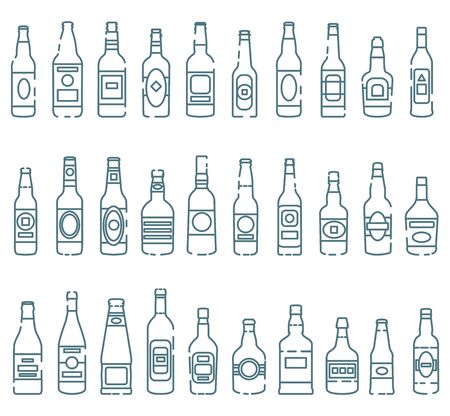 Set of colored icons of alcoholic drinks' bottles. Vector isolated outline illustrationsのイラスト素材
